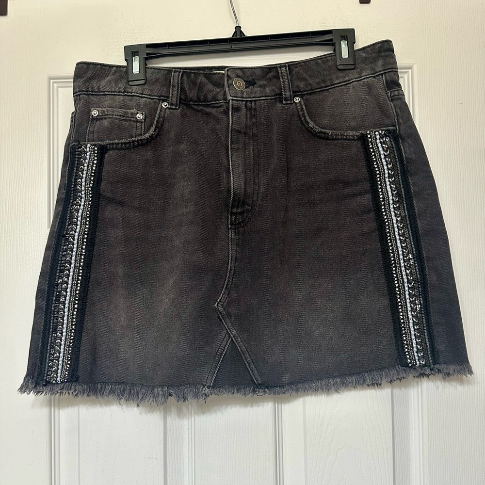 $90 Black Free People Embellished Mini Side Striped Jean Skirt Size 12